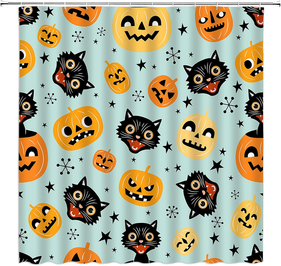 Halloween Shower Curtain Spooky Pumpkin Cat Witchy Gothic Magic Scary