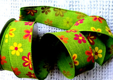 Mossy Green 1.5" by 2 yds Wired Ribbon Spring Summer Yellow Orange Rust Floral