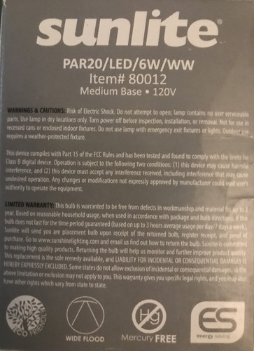 4-SUNLITE PAR20 500 Lumen Light Bulbs 3000k Warm White 6watt 120V Wide Flood NIB - Picture 4 of 5