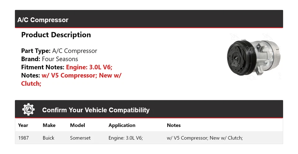 Compresor de aire acondicionado Buick Somerset 1987 3,0 L V6 4 estaciones Foto 2 de 4