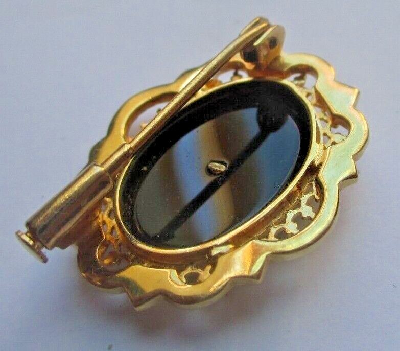 Broche Ancienne Plaqué Or 18K Avec Onyx Noir - Bijou Vintage Parfait