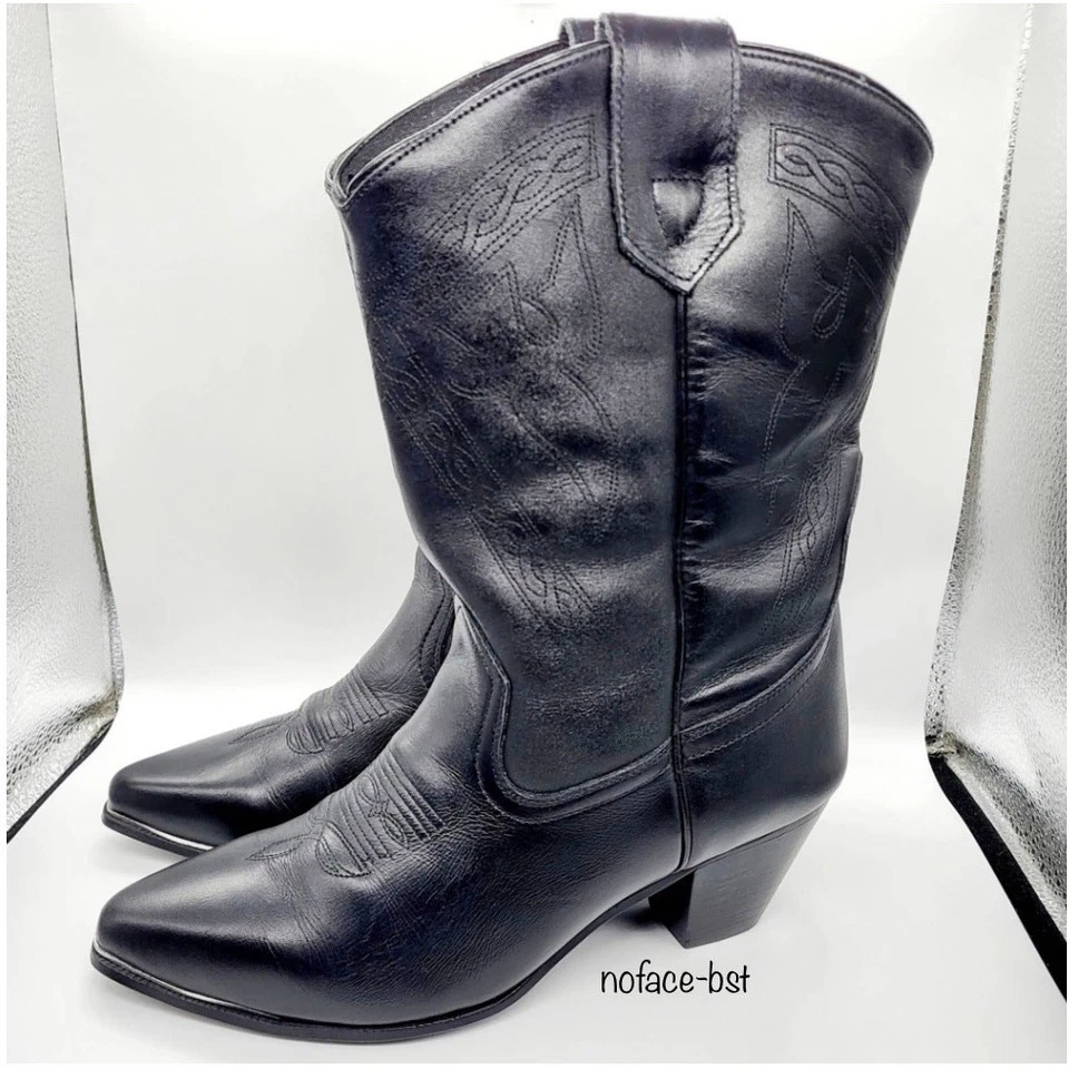 Oak Tree Farms Black Leather Stacked Heel Western Boots Women's Size 6 - Image 2 of 4