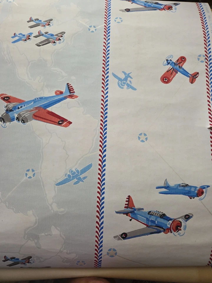 FUN Vtg LOT of 2 1940's AIRPLANE Wallpaper Partial Rolls - Image 2 of 4