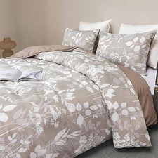Brown Floral Duvet Cover Queen Size - 3 Pcs Gray and White Tan Flower Pattern...
