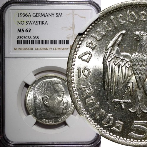 Germany - Third Reich Silver 1936 A 5 Reichsmark Berlin Mint NGC MS62 KM# 86(38)