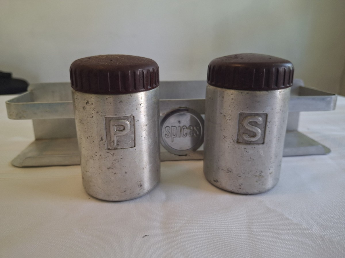 Vintage Kromex Salt and Pepper Shaker Set, Aluminum, likely 1950s