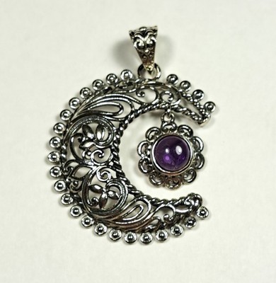 ARTISAN CRAFTED Filigree Crescent Moon Amethyst Pendant Sterling Silver 6.5g NEW