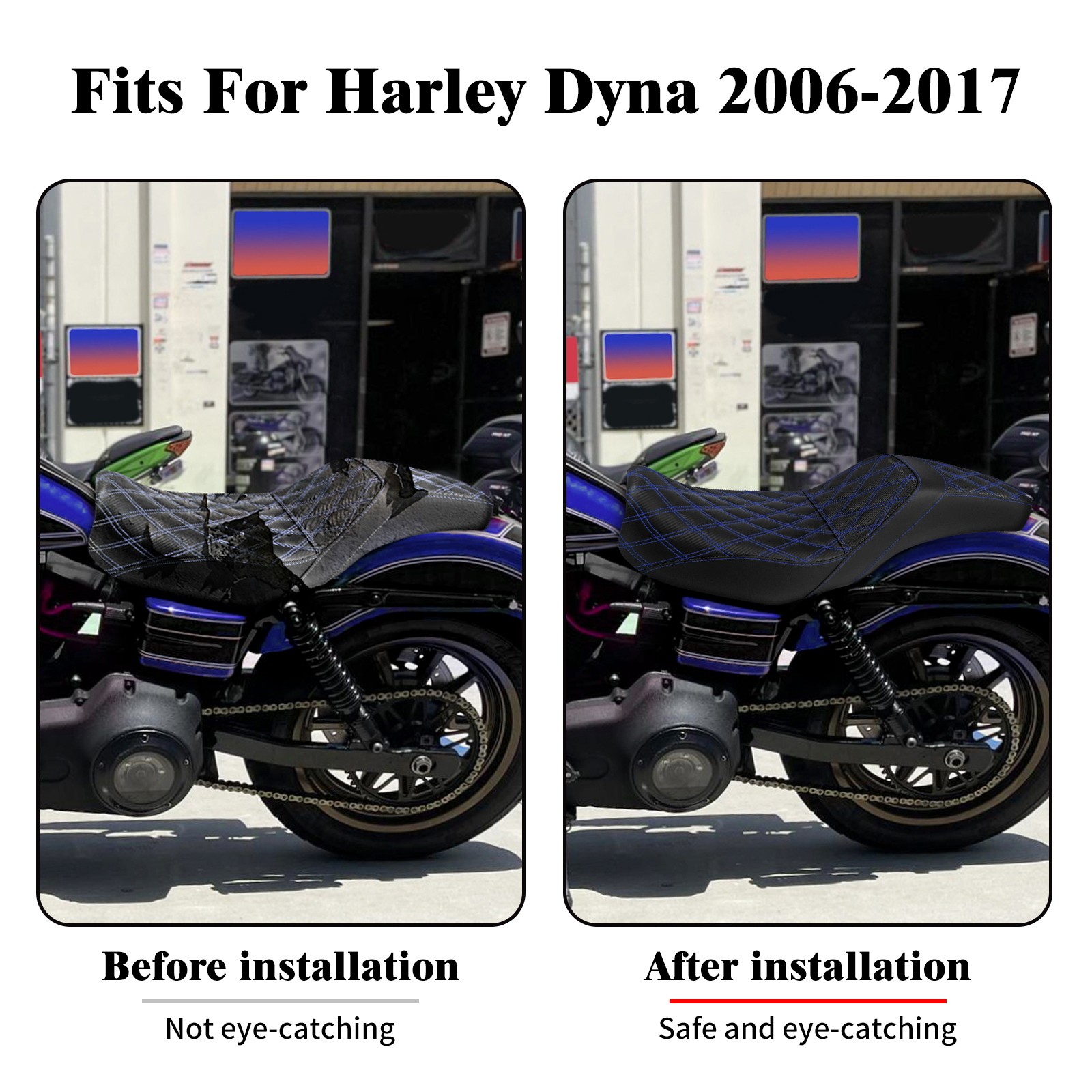 Blue Stitching Driver Passenger Seat Fits For Harley Dyna Wide Super Glide 06-17