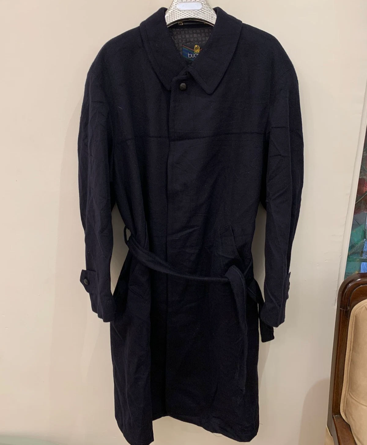 Vintage Bugatti pure wool belted navy classic Loden over coat 46R XL