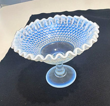 Hobnail Ruffled Blue White Opalescent Glass Compote Pedestal Candy Dish