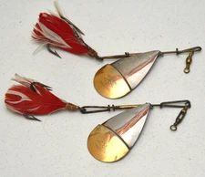 2 Pflueger Trademark Diamond P MONOGRAM BAIT 1/0 Spinners Fancy Feathered Hooks