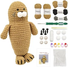 Noocro Amigurumi Crochet Kit for Beginners, DIY Hugging Seal Plushie Brown 