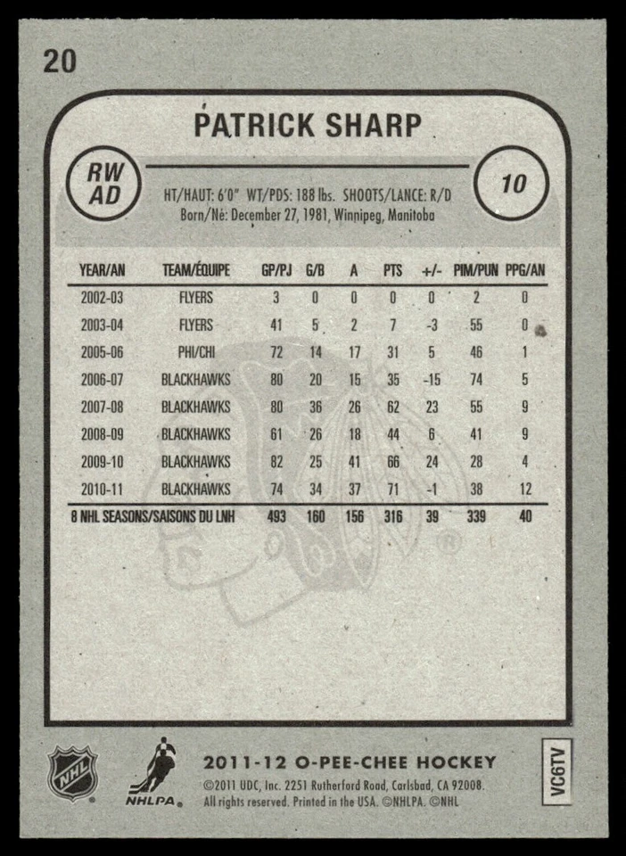 2011-12 O-Pee-Chee Playoff Beard Patrick Sharp Chicago Blackhawks #20 - Image 2 of 2