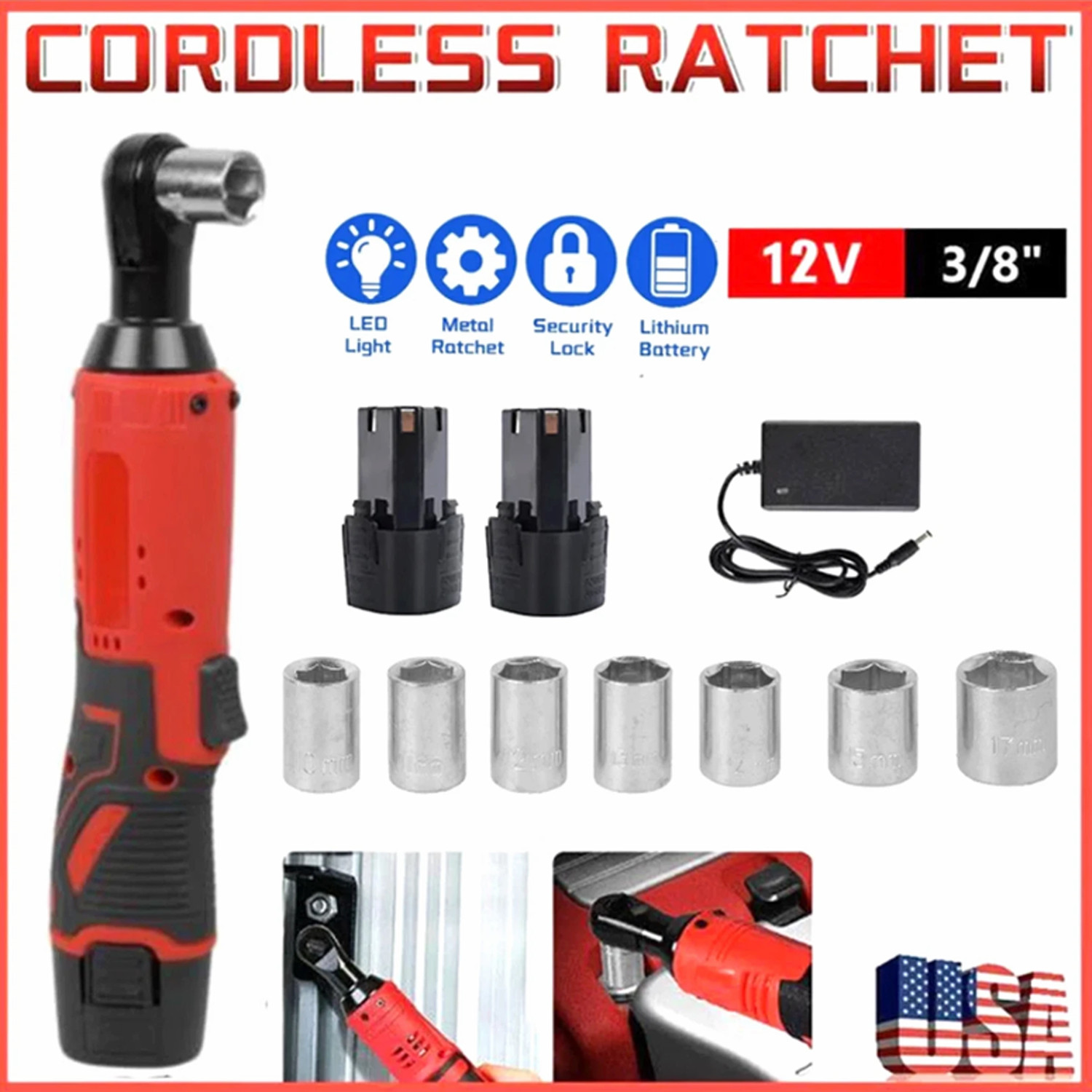 Electric Cordless Ratchet 3/8" Right Angle Wrench Impact Power Tool 2 Batteries