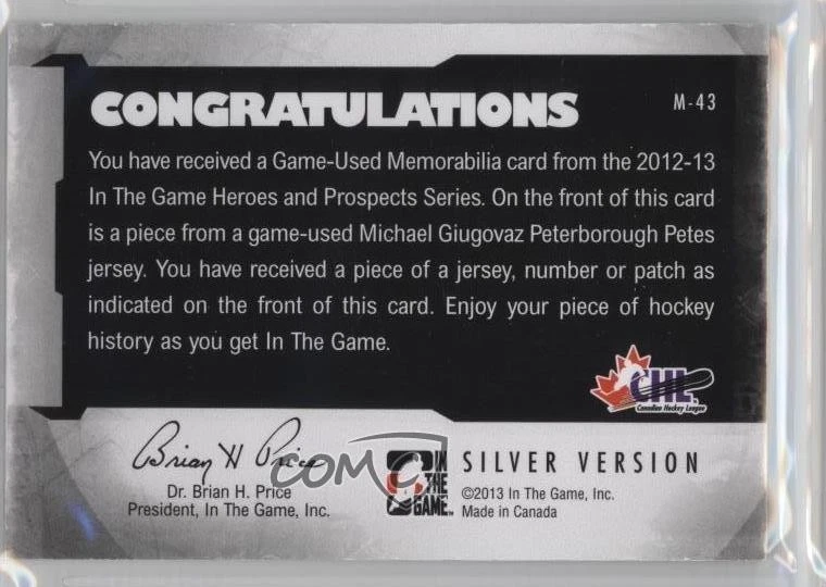 2012-13 ITG Heroes and Prospects Game-Used 1/1 Michael Giugovaz #M-43 2a8 - Image 2 of 3