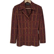 St John Couture Marie Gray Knit Blazer Jacket 6 Burgundy Tweed Jeweled Button
