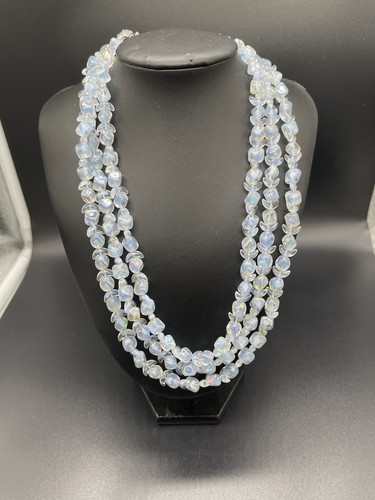 Vtg 50’s Glass 3 Strand Light Blue AB Necklace Quality Design D-03