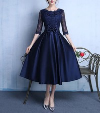 Elegant Satin Lace Tea Length Mother of The Bride Dress Bow Wedding Party Gowns