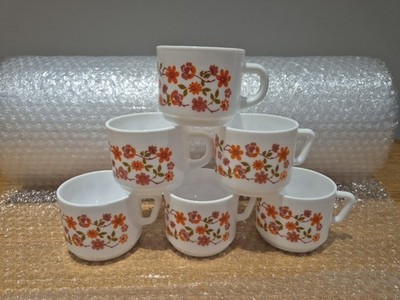 70er Vintage Retro Arcopal Scania Tassen - Floral Orange 6er Set - Top Zustand