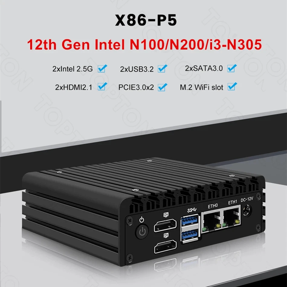 X86 P5 12th Mini Router i3 N305 N200 N100 DDR5 Firewall 2x i226-V 2.5G Fanless - Image 2 of 4