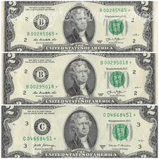 Lot of 3 $2 Star Notes Two Dollar Bills Fancy Serial Number NY/Philly 1.9M & 3.2