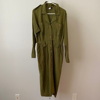 VTG Les Petites Green 100% Silk Safari Dress Utility Midi minimalist