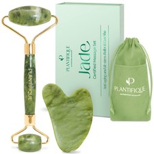 Roller Gua Sha Set Real Jade Facial Massage Tools Green PLANTIFIQUE Skin Care