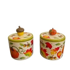 Temp-Tations Set of 2 Fall Harvest Ceramic Canisters Pumpkin and Acorn Lids