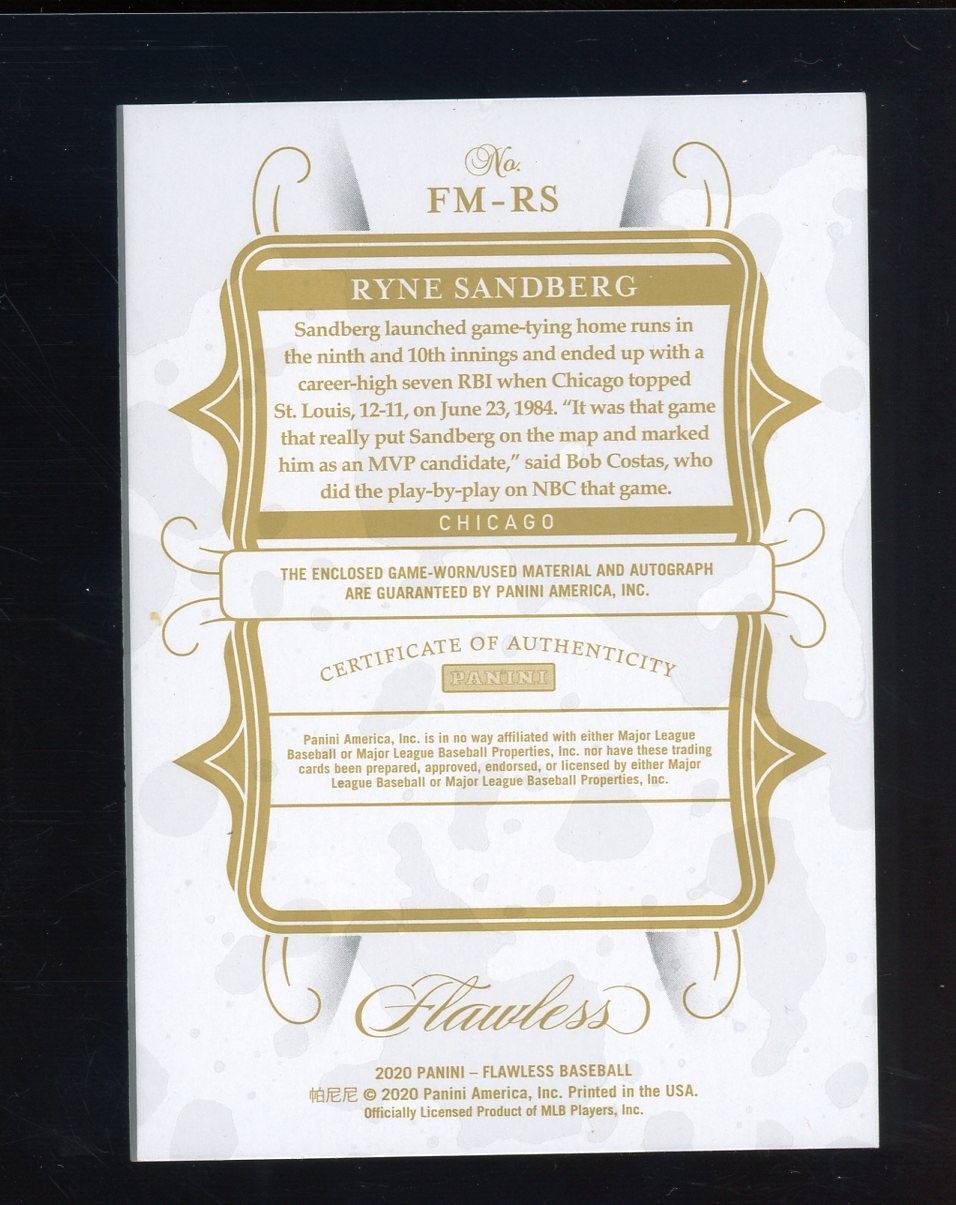 2020 Panini Flawless Moments Ruby Ryne Sandberg Cubs GU Patch AUTO 3/10 view 2