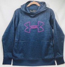 Under Armour ColdGear Hoodie Womens Medium Blue Pink Logo Loose Fit Pullover