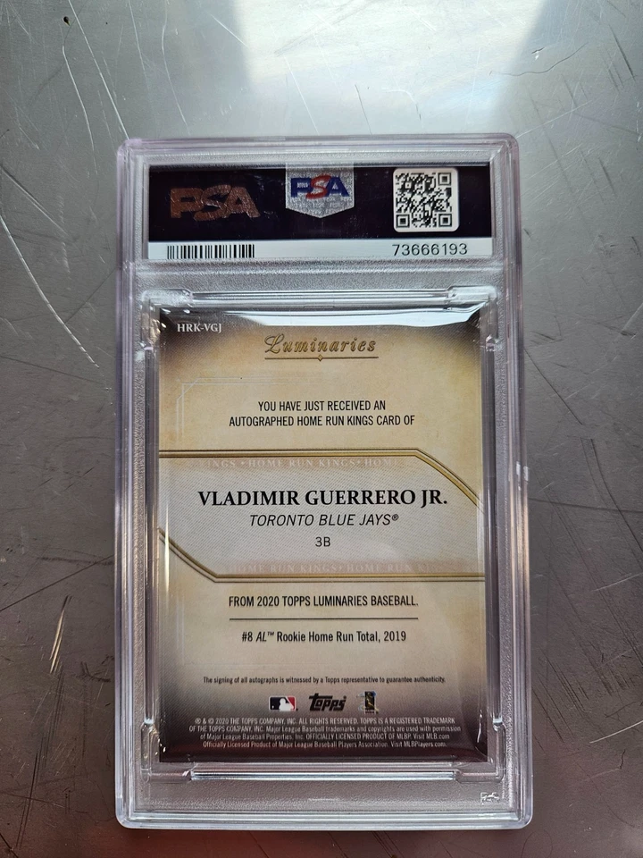 Vladimir Guerrero Jr. 2020 Topps Luminaries Home Run Kings Blue Auto /5 psa 8 - Image 2 of 2