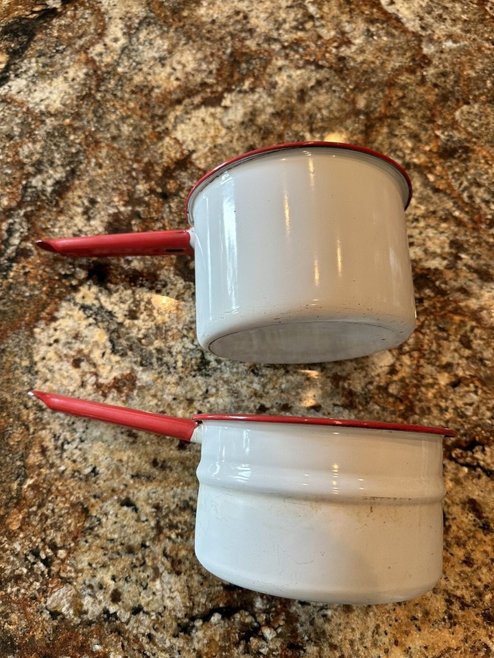 Vintage Red And White Enamelware Double Boiler Saucepans eBay