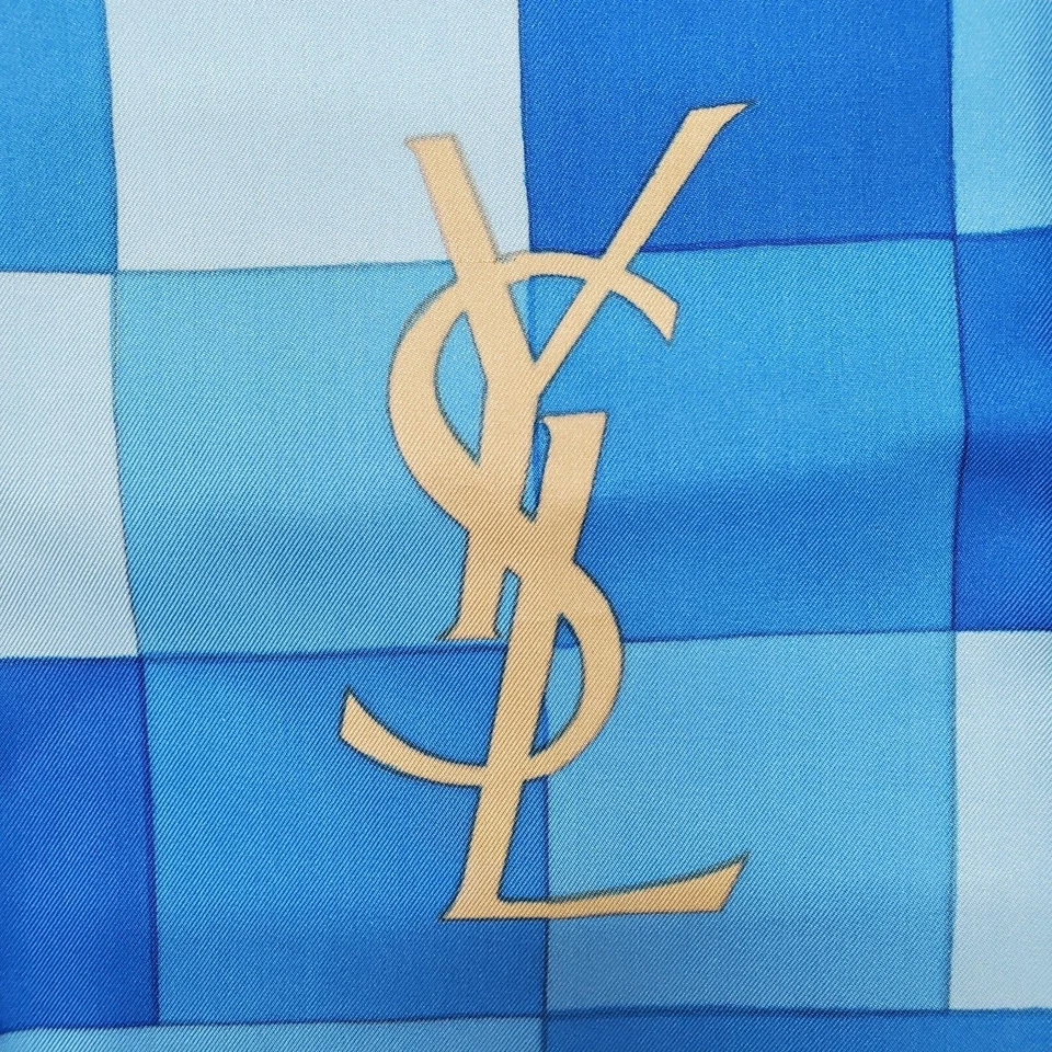 Bufanda de seda envolvente vintage años 70 80 YVES SAINT LAURENT YSL Majorelle azul a cuadros Foto 3 de 4