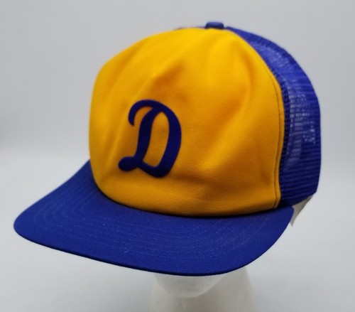Vintage 1980's New Era Little League "D" Logo Blue Yellow Mesh Snapback Hat OSFA