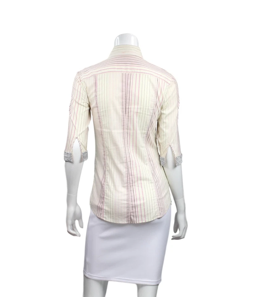 D&G DOLCE & GABBANA Ivory/Pink Striped Button Up Top w Crystal Cuff Sleeves US 4 - Image 3 of 4