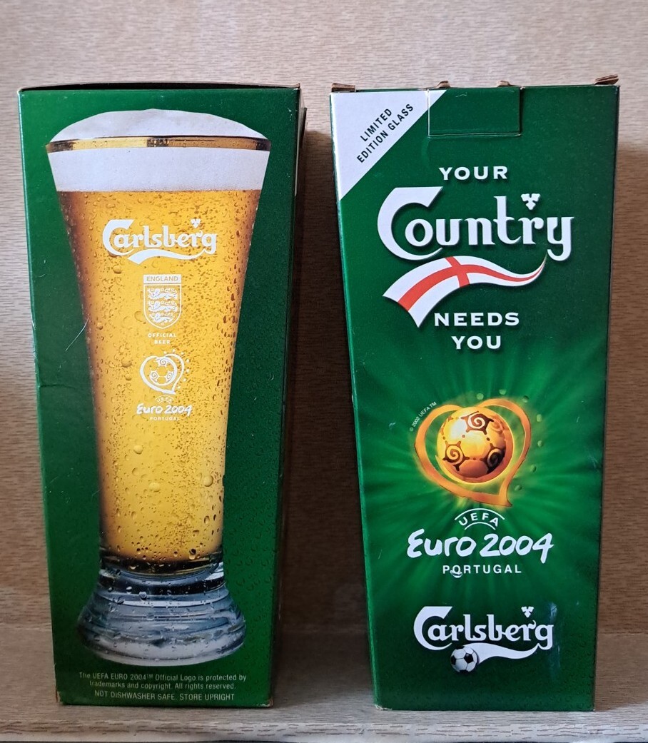2 x Euro 2004 Carlsberg Pint Glasses in Original boxes. LIMITED