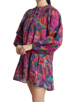 Farm Rio S Small Rainbow Macaws Mini Dress Bird Print Long Puff Sleeve Ruffle