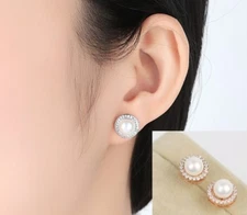 Rhodium Silver Rose Gold Round Brilliant CZ Pearl Halo Stud Earrings 10mm Box S5