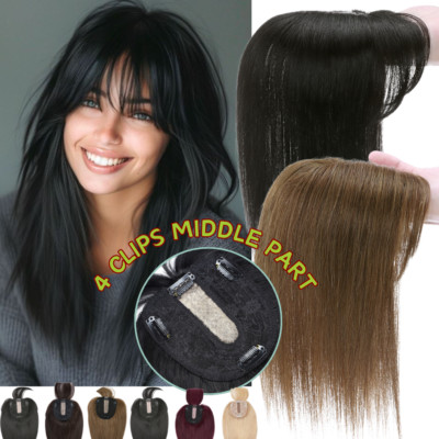 Human Hair Top Toupee 100% Clip In Topper Hairpieces BANGS Mono Silk Base Women