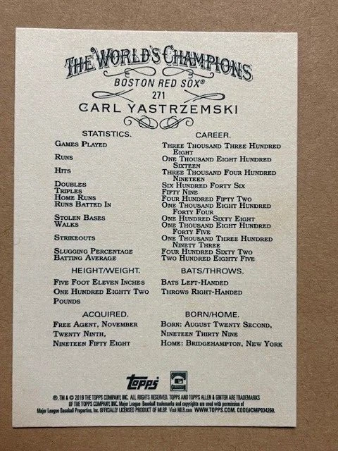Carl Yastrzemski ~ 2019 Topps Allen & Ginter X World Champions #271  Red Sox - Image 2 of 2