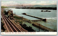 Pittsburgh PA~Barges on Ohio River~New Government Lock~Railroad Tracks~1907