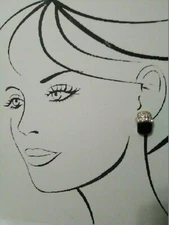 VINTAGE FASHION CLIP EARRINGS PAVE GOLDEN & BLACK CABOCHON RECTANGLE