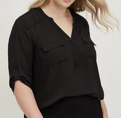 Torrid Harper Womens Plus 3X Black Pullover Blouse Roll Tab Sleeve Shirt Top