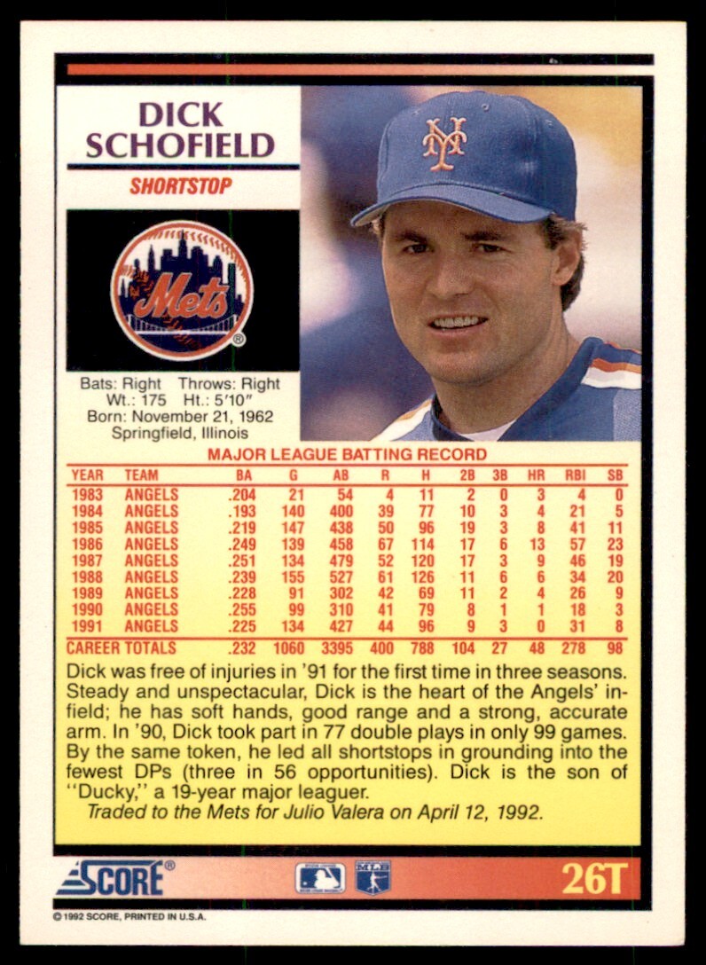 SCORE ROOKIE & TRADED DICK SCHOFIELD NEW YORK METS #26T - Picture 2 of 2