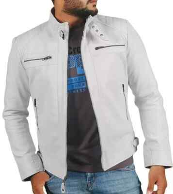 Stylish Wear Men's Soft Jacket White Leather Handmade Genuine Lambskin Biker