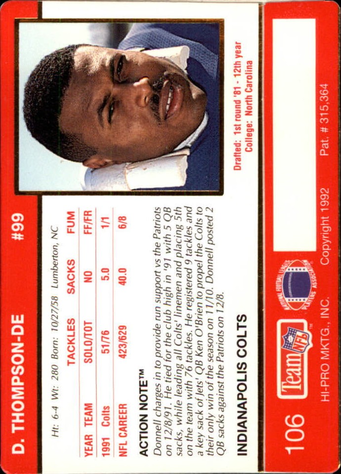 1992 Action Packed Football Card #106 Donnell Thompson | eBay