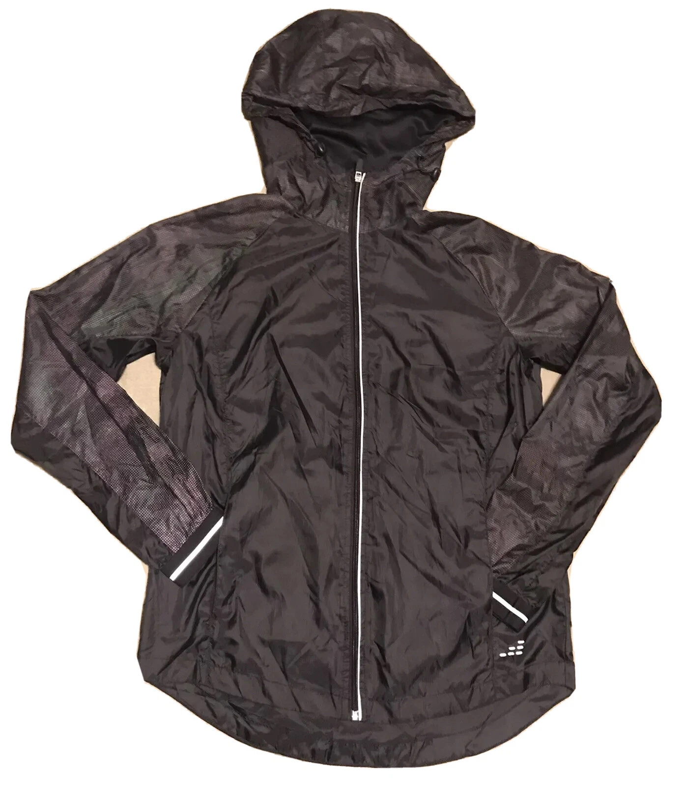BCG Mens Full-Zip Rain Windbreaker Black Hoody Jacket with Pockets Size Medium