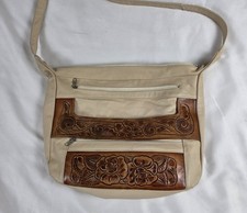 Vtg Multi-Pocket Cream Leather Purse Brown Tooled Roses Made in Mexico