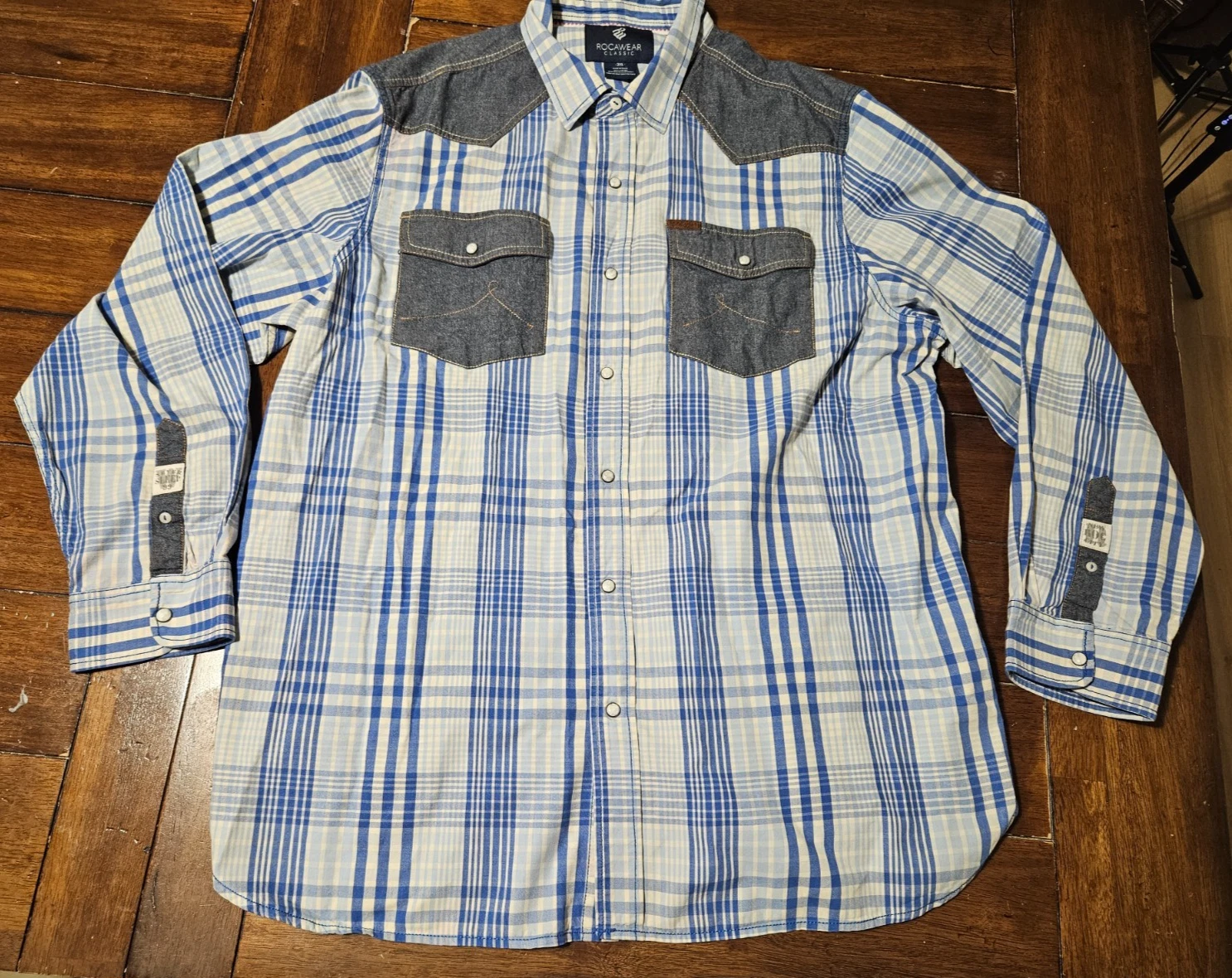 Rocawear Western Shirt Mens 3 XL Blue Plaid Pear Snap Denim Patches Classic