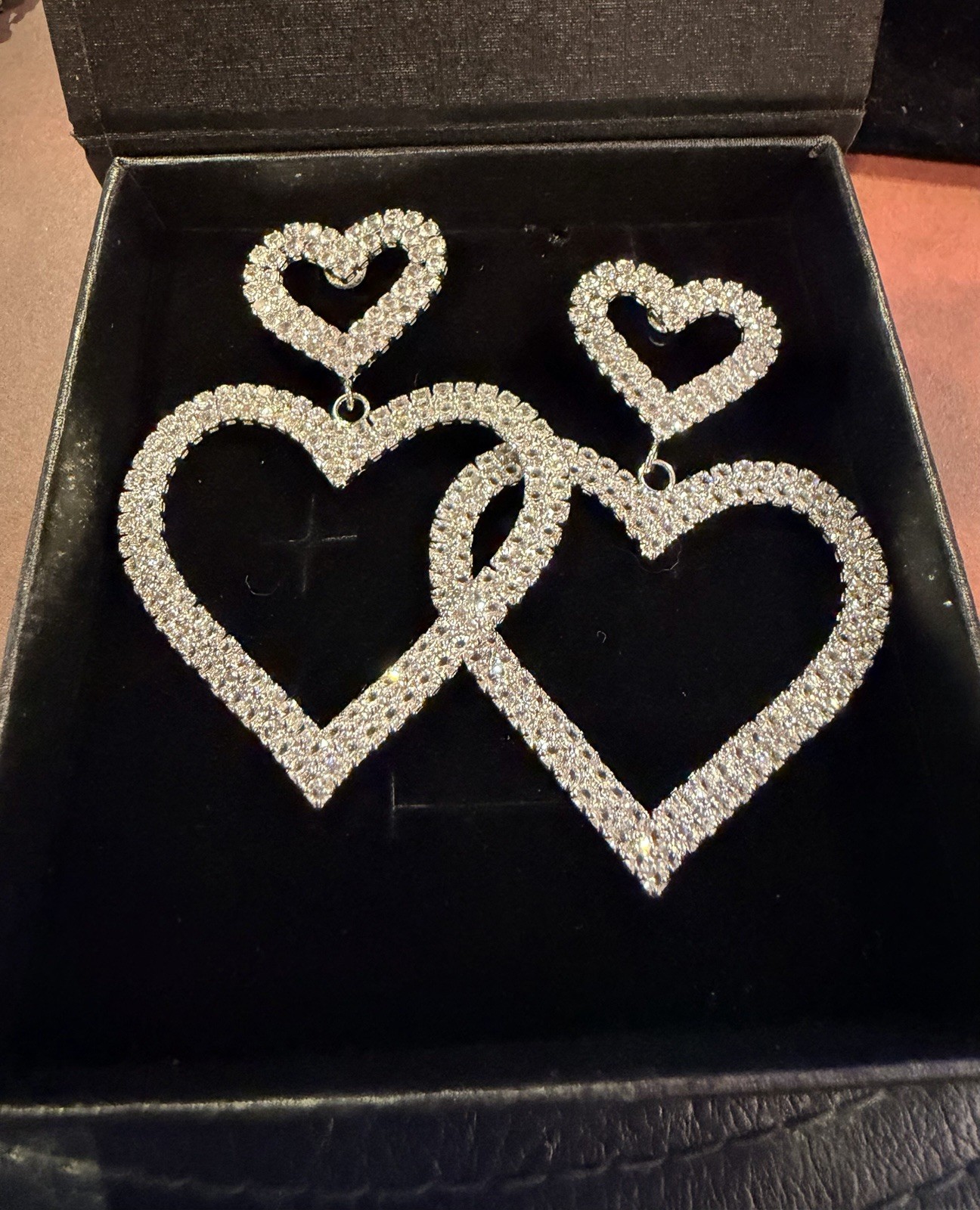 Statement Double Heart Rhinestone Drop Earrings S… - image 1